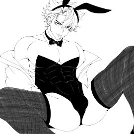 1boy artist_request bulge bulge_through_clothing bunny_boy bunny_ears bunnybunny_boy bunnysuit genshin_impact looking_at_viewer male plaid plaid_clothing solo_male spread_legs tagme thigh_highs thighs tongue tongue_out wriothesley_(genshin_impact)