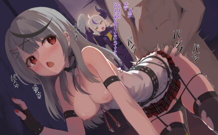 1boy 2girls armlet black_collar black_gloves black_hair black_panties blush breasts camisole caught clothed_female_nude_male clothed_sex clothes_pull collar doggy_style drooling female fingerless_gloves frilled_camisole frills garter_straps gloves grabbing_another's_ass grey_hair groping hair_ornament heart hololive hololive_japan holox horns jewelry la+_darknesss la+_darknesss_(1st_costume) long_hair male medium_breasts miniskirt multicolored_hair multiple_females multiple_girls nipples nude oerba_yun_fang open_mouth panties panty_pull plaid_clothes plaid_skirt recklessdraw red_eyes red_nails red_skirt sakamata_chloe sakamata_chloe_(1st_costume) saliva sex sex_from_behind shirt_pull skirt straight streaked_hair thighhighs torn_clothes torn_thighhighs translated underwear virtual_youtuber white_camisole x_hair_ornament yellow_eyes