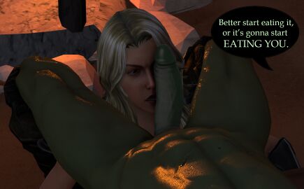 1futa 1girls 3d abs blonde_hair cheezycake dialogue erection female femsub futa_on_female futadom futanari green_skin imminent_vore implied_futa implied_vore intersex muscular muscular_futa orc penis penis_on_face pre-vore speech_bubble text vore