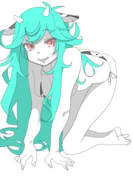 all_fours artist_request big_breasts breasts chaos_aurora_(grimms_notes) cow_print_bikini female grimms_notes large_breasts light_blue_hair open_mouth partially_colored smile solo