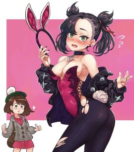 2girls absurdres alternate_breast_size animal_ears ass asymmetrical_bangs bare_shoulders beret black_choker black_jacket black_nails black_pantyhose blush breasts brown_eyes brown_hair caee_penguin choker creatures_(company) embarrassed fake_animal_ears female flustered flying_sweatdrops game_freak gloria_(pokemon) green_eyes hairband hat highres holding_hairband jacket leotard looking_at_another lovestruck marnie_(pokemon) medium_breasts multiple_females multiple_girls nintendo nose_blush off_shoulder open_mouth pantyhose penguin_caee playboy_bunny pokemon pokemon_ss pom_pom_(clothes) rabbit_ears rabbit_tail red_leotard solo_focus tail torn_clothes torn_pantyhose twintails undercut unworn_hairband