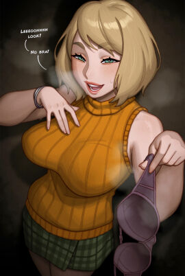 1boy 1girls ashley_graham ashley_graham_(ella_freya) big_breasts blonde_hair bra bra_meme bra_removed breasts capcom dialogue english_text female green_skirt hi_res large_breasts leon_scott_kennedy looking_at_viewer male male_pov narrowed_eyes no_bra resident_evil resident_evil_4 resident_evil_4_remake rizdraws showing_off skirt smiling smiling_at_viewer solo speech_bubble steam steamy_breath talking_to_viewer turtleneck_sweater voluptuous