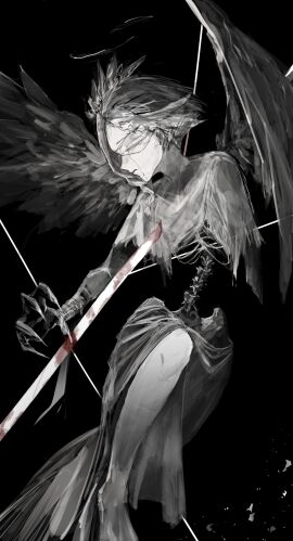absurdres black_background black_hair blindfold blood_on_weapon claws dress exposed_bone feathered_wings female halo highres long_skirt monochrome original qwq22565156 short_hair simple_background skirt solo spine spot_color weapon white_blindfold wings