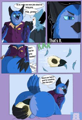 absurd_res anthro ass avian balls beak beak_in_ass big_ass big_butt bird black_beak blue_body blue_eyes blue_feathers blue_jay blush bluutheferret bodily_fluids bone burping_up_skull clock clothing comic corvid cough dialogue digestion duo eurasian_eagle-owl fatal_vore feathers genitals hi_res horned_owl jay_(bird) male male/male necktie new_world_jay orange_eyes oscine owl passerine purple_body purple_feathers saliva shebby shirt skull stomach_bulge tail tail_feathers text topwear true_owl two_piece_suit unwilling_prey vore watch