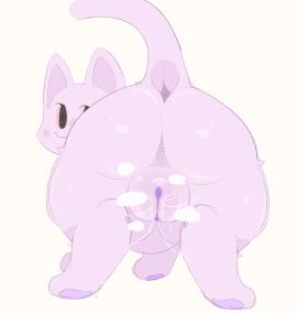 a_cat_is_fine_too absurd_res anus barely_visible_anus bodily_fluids domestic_cat felid feline felis female feral fur genital_fluids genitals hi_res iigomeow ijijil mammal musk musk_clouds pawpads presenting purple_body purple_fur purple_pussy pussy rear_view solo the_cat_(shojs) vaginal_fluids