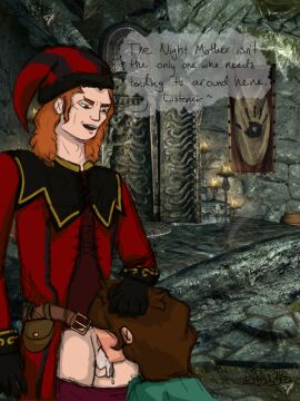 blowjob cicero cock_worship dark_brotherhood female fully_clothed jester long_hair male male/female night_mother pants_pulled_down penis red_hair skyrim