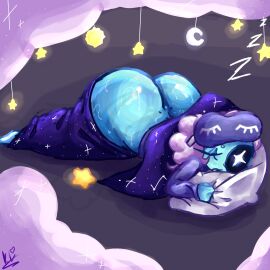 1boy 1femboy ass ass_cleavage ass_focus astro_(dandy's_world) blue_body closed_eyes dandy's_world dandys_world fat_ass femboy hi_res high_resolution highres huge_ass hyper_ass kirstylunchh male male_only moon_pendant pajama_pants pajama_shirt pajamas pants_down pink_clouds purple_clothing purple_headwear roblox roblox_game sleeping solo solo_focus star_pendant sweat watermark