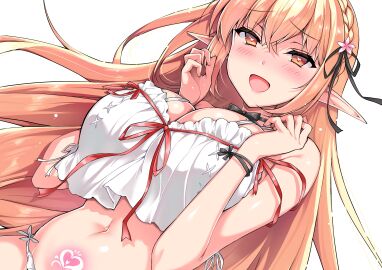 1girls absurdres black_bow black_bowtie black_ribbon blonde_hair blush bow bowtie braid breasts breasts_squeezed_together camisole cleavage crown_braid elf elf_ni_inmon_o_tsukeru_hon female female_only flower glowing_tattoo hair_flower hair_ornament heart heart-shaped_pupils highres long_hair midriff ninoko open_mouth original pointy_ears pubic_tattoo ribbon simple_background smile solo sylpha_(ninoko) symbol-shaped_pupils tattoo white_background white_camisole yellow_eyes