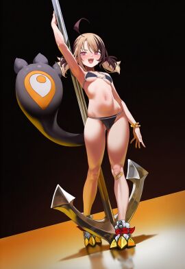 1girls ahoge ai_generated anchor belly belly_button black_bra black_panties blonde_hair blush brown_hair cameltoe gigi_murin hololive hololive_english navel pole pole_dancing small_breasts smile thighs virtual_youtuber