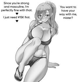 1girls bad_photoshop bikini black_and_white blonde_hair breasts curvy_figure ecchi english_text feet female flip_flops horny_female huge_breasts kuzuryuu_hanako licking_lips monochrome partially_clothed payment pov prostitution sandals sitting thick_thighs third-party_edit yankee_jk_kuzuhana_chan