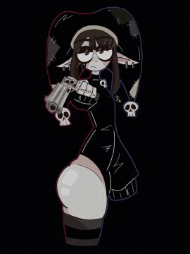 ass big_ass clown clown_girl clown_makeup flat_chest flat_chested goth goth_girl goth_makeup goth_mommy goth_pomni gothic gun holding_gun jester jester_hat jester_outfit large_ass latex_bodysuit latex_clothing latex_topwear leather_bodysuit leather_clothing leather_topwear long_eyelashes long_lashes long_sleeves pomni pomni_(tadc) pomni_(the_amazing_digital_circus) shichotic_(artist) shiny_ass shiny_skin sleeves_past_fingers thigh_highs thighhighs thighs