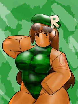 1girls big_breasts blocky_body breasts brown_hair cami_(project_remix) female glasses kyhtara large_breasts leotard long_hair military military_hat orange_skin posing project_remix roblox roblox_game robloxian self_upload sleeveless standing tan_body tattoo thighs
