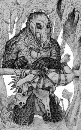 absurd_res alligator alligatorid anthro antlers balls big_dom_small_sub bondage bone bottomwear bottomwear_aside bound clothed clothing clothing_aside crocodilian deer dominant dominant_anthro dominant_male duo facial_piercing genitals hi_res horn humanoid_genitalia jewelry larger_male licking licking_lips loincloth loincloth_aside looking_down male male/male mammal momamo necklace nose_piercing nude outside partially_clothed partially_submerged piercing plant public reptile rope scalie scared size_difference smaller_male standing standing_in_water submissive submissive_anthro submissive_male swamp tongue tree