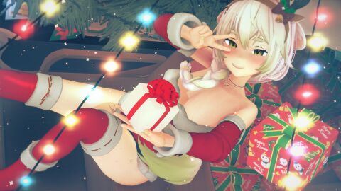 1girls 3d ass braid breasts bunnysuit christmas christmas_outfit christmas_tree cleavage cute female female_focus female_only ferret_girl ferret_tail green_eyes green_hair indie_virtual_youtuber koikatsu laimu legs necklace peace_sign present reindeer_antlers sled smile smug smug_grin solo solo_female spamkaju tail thighhighs thighs virtual_youtuber white_hair