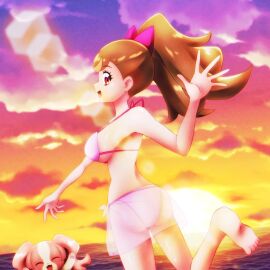 barefoot breasts brown_hair canine est_(pixiv_61984318) feet female female_only inukai_iroha inukai_komugi light-skinned_female light_skin precure pretty_cure sea sunset swimsuit toei_animation wonderful_precure!