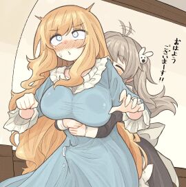 1futa 1girls ahoge ahoge_wag apron arms_around_waist az84997592 big_breasts black_dress blonde_hair blue_dress blue_eyes blush blush_lines breasts bulge chestnut_mouth closed_eyes clothed clothing cum cum_in_clothes cum_through_clothes cumdrip dress duo erection erection_under_clothes expressive_hair female frills fully_clothed futa_on_female futa_with_female futanari grey_hair hair_ornament highres hug hug_from_behind human indoors intersex large_breasts light-skinned_female light-skinned_futa light_skin long_hair long_sleeves maid maid_apron multiple_females multiple_girls nightgown one_side_up orgasm original penis precum precum_through_clothing rabbit_hair_ornament standing sweatdrop tenting