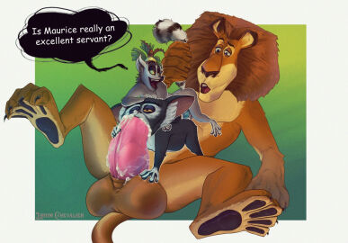 4_toes alakay_alex all_fours anthro aye-aye balls big_balls big_penis bodily_fluids cum cum_from_mouth cum_in_mouth cum_inside dialogue digital_media_(artwork) dreamworks dreamworks_animation dreamworks_pictures english_text erection feet felid fellatio fingers fur genital_fluids genitals group group_sex headgear headgear_only hi_res holding_tail huge_balls huge_cock imminent_oral imminent_rimming interspecies king_julien lemur lion lirium_chevalier madagascar_(film) madagascar_(series) male male/male male_penetrated male_penetrating male_penetrating_male mammal markings maurice nude open_mouth oral oral_penetration pantherine penetration penile penis primate raised_tail ring-tailed_lemur sex simple_background size_difference speech_bubble spread_legs spreading strepsirrhine striped_markings striped_tail stripes tail tail_markings teeth text threesome toes tongue trio