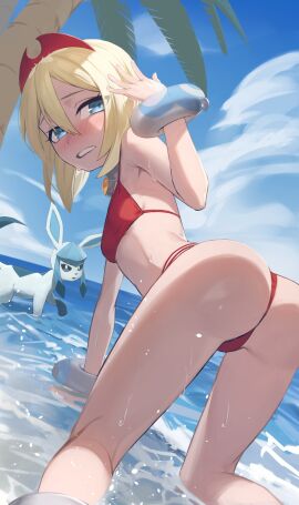 1girls ass bare_shoulders beach bent_over bikini blonde_hair blue_eyes blue_sky blush bracelet breasts chorogon commission creatures_(company) fanning_face fanning_self female feral game_freak gen_4_pokemon glaceon hair_between_eyes hairband highres irida_(pokemon) jewelry looking_at_viewer looking_back neck_ring nintendo ocean open_mouth palm_tree partially_submerged pokemon pokemon_(species) pokemon_legends:_arceus red_bikini shore short_hair skeb_commission sky small_breasts sweat swimsuit tree wet