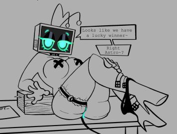 1girls antennae astro_(dandy's_world) big_breasts boots breasts choker covered_nipples dandy's_world desk dripping eyeshadow female flirting horny_female naked panties panties_around_ankles panties_aside pussy resting sitting_on_desk stregaz173341 tail teasing vee_(dandy's_world) wet_pussy