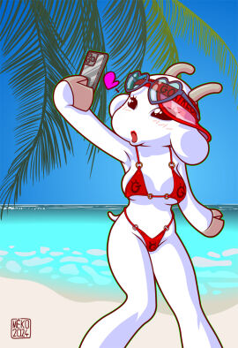 breasts bunny_maloney bunny_maloney_meko charlotte_(bunny_maloney) clothing female female_only goat goat_horns hooves horn horns official_art phone selfie swimsuit swimwear tagme