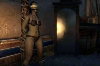 3d arms_behind_back black_bra black_panties blindfold bondage bra dunmer dunmerirogue gag gagged panties the_elder_scrolls the_elder_scrolls_online underwear