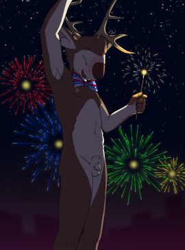 4th_of_july ajul_rodriguez american_flag anthro antlers balls blush bow_tie buckteeth celebrating deer exhibitionism fingers fireworks flaccid fur genitals hi_res holidays hooved_fingers hooves horn humanoid_genitalia humanoid_penis kokoha_is_here male male_only mammal mule_deer multicolored_body multicolored_fur navel new_world_deer night nipples nude outdoor_nudity outside penis pubes raised_arm sky small_penis solo sparkler star starry_sky teeth two-tone_body two-tone_fur united_states_of_america
