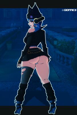 1girls ass ass_focus big_ass blue_eyes blue_hair epic_games female female_focus female_only fortnite fortnite:_battle_royale gionnic_art gionnic_art_(artist) gionnics hope_(fortnite) long_hair looking_back panties skirt_lift skirt_up solo solo_female striped_panties upskirt