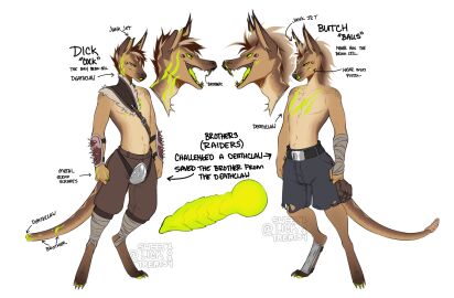 2024 accessory animal_genitalia animal_penis anthro artist_name bag belt bottomwear broken_teeth brown_body brown_hair butch_(lukewarm) canine_genitalia canine_penis chest_scar claws clothed clothing crotch_plate dick_(sweetburn) digital_media_(artwork) digitigrade duo ear_scar english_text facial_scar fallout fangs furgonomics furry genitals green_eyes green_pawpads green_penis green_scar green_tongue hair hi_res knot male male_focus microsoft model_sheet night_stalker_(fallout) pawpads penis raider_(fallout) rattle_(anatomy) ridged_penis scar shorts simple_background spikes sweetburn tail tail_accessory tail_bag tail_scar teeth text tongue torn_clothing watermark white_background wrist_guards wristband