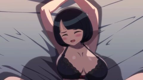 1boy animated arms_up black_bra black_hair black_panties blush bouncing_breasts bra breasts censored clothing_aside commentary cum cum_on_body cum_on_breasts ejaculation facial female gundam gundam_gquuuuuux lace-trimmed_bra lace-trimmed_panties lace_trim looking_at_viewer male missionary mosaic_censoring panties panties_aside penis pov pussy sex shadow shiiko_sugai short_hair spread_legs tagme underwear unknown_showhey vaginal_penetration video