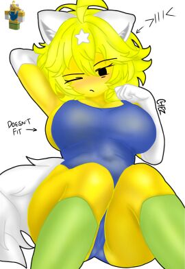 1girls armpit blush bodysuit breasts carla_(chez-arts) chez-arts embarrassed female furry furry_ears furry_tail green_stockings half-closed_eyes large_breasts leotard noob pussy_peek reference_image roblox roblox_avatar robloxian self_upload text tight_clothing yellow_body yellow_hair