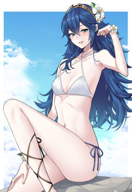 1girls alternate_costume ameno_(a_meno0) arm_up armpits bare_legs bikini blue_background blue_bikini blue_eyes blue_hair blue_sky blush breasts cleavage cloud cloudy_sky collarbone feet_out_of_frame female fire_emblem fire_emblem_awakening flower flower_in_hair hair_between_eyes hair_flower hair_ornament hand_on_own_thigh knee_up legs long_legs looking_at_viewer lucina_(fire_emblem) navel nintendo open_mouth shadow sitting sky small_breasts solo stomach swimsuit symbol-shaped_pupils thighs tiara white_bikini