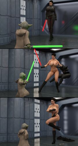 3d 3d_(artwork) embarrassed embarrassed_nude_female female lightsaber star_wars stripped stripped_naked vronstudio weapon yoda