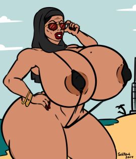 adjusting_glasses arabian arabian_clothes basma_(sob4art) beach big_breasts big_thighs black_sling_bikini bracelet breasts female female_only functionally_nude gold_jewelry hijab huge_breasts milf ocean older_female palm_tree red_lipstick red_nails sand sling_bikini sob4art solo_female sunglasses swimsuit wide_hips