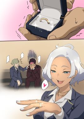 1girls 2boys big_breasts black_hair blue_eyes blush breasts comic dark-skinned_female dark_skin earrings female guel_jeturk gundam gundam_suisei_no_majo highlights_(coloring) holding_hands iwao178 jewelry kissing large_breasts looking_at_another looking_at_partner male necklace pregnant proposal romantic saliva secelia_dote short_hair tan-skinned_male wedding_ring white_hair wholesome