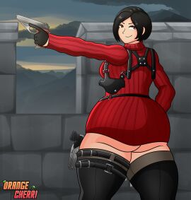 1girls ada_wong ass ass_focus big_ass black_hair bottomless brown_eyes castle dress female gun orangecherri red_dress resident_evil resident_evil_4 resident_evil_4_remake short_hair stockings thick thick_ass thick_thighs
