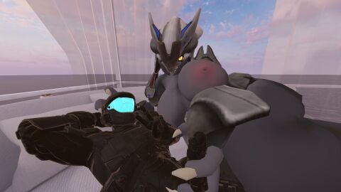 3d after_sex bed big_breasts black_body breasts elite_(halo) female femboy halo_(series) helmet holding_penis looking_at_viewer male male/female mask no_artist no_artist_signature no_source peace_sign penis sangheili spartan_(halo) vrchat vrchat_avatar