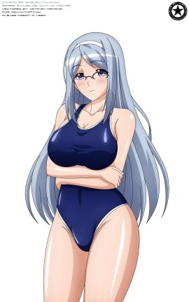 2018 akiranyo arms_under_breasts artist_logo artist_name big_breasts blue_hair blue_swimsuit blush breasts character_name english_text female gakuen_de_jikan_yo_tomare glasses hairband long_hair one-piece_swimsuit purple_eyes round_glasses takahama_shizuru text transparent_background vector_trace white_hairband work_name