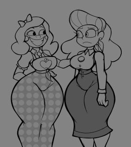 2025 2025s 2girls black_and_white breasts child_bearing_hips curvaceous dress duo female female_focus female_only grin hair helluva_boss huge_breasts mayberry_(helluva_boss) mayberry_(human)_(helluva_boss) miss_delight mob_entertainment mob_games mrdrezq poppy_playtime poppy_playtime_(chapter_3) ribbon skirt smile smiling teacher teacher_outfit teeth thick_legs thick_thighs thighs video_games vivziepop