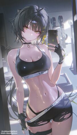 belly black_hair female_rover_(wuthering_waves) looking_at_viewer short_hair sports_bra wuthering_waves yellow_eyes