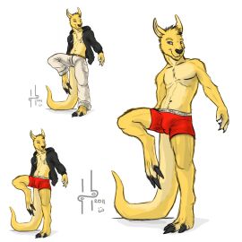 1:1 2011 anthro black_claws black_clothing black_topwear blue_eyes bottomwear bulge claws clothed clothing dated detailed_bulge front_view fur genital_outline hi_res kangaroo looking_at_viewer macropod male male_anthro mammal marsupial mouth_closed multiple_versions narrowed_eyes open_clothing open_topwear pants penis penis_outline red_bottomwear red_clothing simple_background solaxe solaxe_(artist) solo standing topless topwear white_background white_bottomwear white_clothing white_pants yellow_body yellow_fur