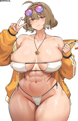 abs absurdres anis_(nikke) anis_(sparkling_summer)_(nikke) bare_shoulders bikini blush breasts brown_hair closed_mouth collarbone cowboy_shot cromwellb eyepatch_bikini female goddess_of_victory:_nikke higher_resolution_available highres huge_breasts jacket looking_at_viewer navel off_shoulder official_alternate_costume short_hair side-tie_bikini_bottom simple_background skindentation solo standing sunglasses_on_head swimsuit v wet white_background white_bikini yellow_eyes yellow_jacket