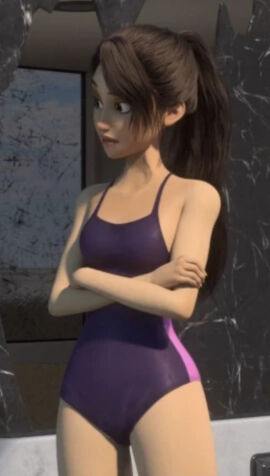 1girls 3d brown_hair crossed_arms female female_only human human_female human_only jurassic_park_(franchise) jurassic_world jurassic_world_camp_cretaceous one-piece_swimsuit ponytail purple_one-piece_swimsuit screencap screenshot solo solo_female swimsuit yasmina_fadoula_(jurassic_world)