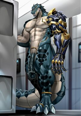 2024 4_toes abdominal_scar abs anthro biceps black_body black_scales chest_scar claws countershading crocodile crocodilian crocodylid cybernetic_arm cybernetic_limb eyebrow_stud feet genitals gold_(metal) gold_tooth green_body green_penis green_scales head_spines hi_res long_penis low-angle_view male muscles muscular muscular_anthro muscular_male obliques penile_spines penis reptile ryuichi_arasaka saft scales scalie scar sharp_teeth shower solo stud_piercing tan_body tan_countershading tan_scales teeth toe_claws toes vein veiny_muscles yellow_sclera