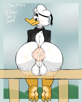 anatid anseriform anthro anus ass avian balls big_anus big_ass big_balls big_butt bird blush bodily_fluids clothing cloud cloudy_sky cum cum_on_anus cum_on_ass cum_on_butt day74art disney donald_duck duck ducktales ducktales_(2017) feet fence fluffy fluffy_tail genital_fluids genitals hat headgear headwear looking_back male male_only puffy_anus raised_tail sitting sky solo tail white_body