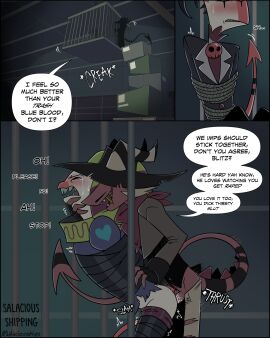 anal anal_rape anal_sex ass begging_to_stop blitzo_(helluva_boss) blush blushing bodily_fluids bondage bound comic demon demon_humanoid dialogue duo explicitly_stated_nonconsent fizzarolli_(helluva_boss) forced_anal forced_partners forced_to_watch forced_yaoi gaslighting gay genital_fluids helluva_boss hi_res humanoid humiliation imp looking_at_another male male/male male_only male_rape_victim penetration penile penile_penetration penis penis_in_ass precum salaciousships secretly_loves_it striker_(helluva_boss) tagme tears through_bars yaoi
