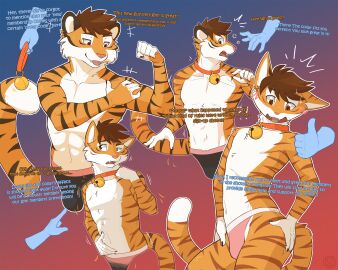 1boy anthro bell bell_collar brown_hair cat_boy cat_ears catboy collar dialogue disembodied_hand felid feline femboy feminization fur furry gay gay_male gradient_background male muscle_loss muscles orange_fur pantherine solo_focus species_transformation striped_fur stripes text tiger tiger_ears topless_male transformation twink underwear yaoi yuniwolfsky