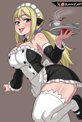 1girls blannis_art blonde-haired_female blonde_hair breasts fairy_tail fairy_tail_mark female female_focus female_only large_breasts light-skinned_female light_skin looking_at_viewer lucy_heartfilia maid maid_headdress maid_uniform solo thighhighs thighs