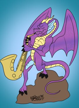 absurd_res claws doodledoggy dragon frill_(anatomy) hi_res horn jazz_dragon membrane_(anatomy) membranous_frill membranous_wings musical_instrument mythological_creature mythological_scalie mythology playing_saxophone purple_body saxophone scales scalie toony wind_instrument wings woodwind_instrument