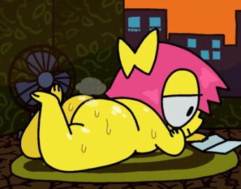 anthology_of_the_killer ass bb_(of_the_killer) casual_nudity electric_fan kewpiekills legs_up lying_on_stomach nude nude_female on_front purple_hair sweat sweaty_ass sweaty_body yellow_body