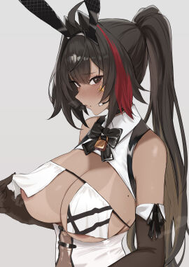 absurdres animal_ears bay_(nikke) bay_(radiant_rabbit)_(nikke) breast_curtains breasts brown_hair commentary_request dark-skinned_female dark_skin dera_self fake_animal_ears female goddess_of_victory:_nikke grey_background highres long_hair looking_at_viewer mole mole_on_breast mole_under_eye multicolored_hair nipples official_alternate_costume playboy_bunny ponytail rabbit_ears red_hair simple_background solo star_(symbol) star_sticker sticker streaked_hair tan tanline upper_body